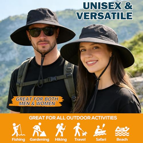 Wide Brim Sun Bucket Hat, Waterproof Boonie Hat for Men & Women - color: 01 Black