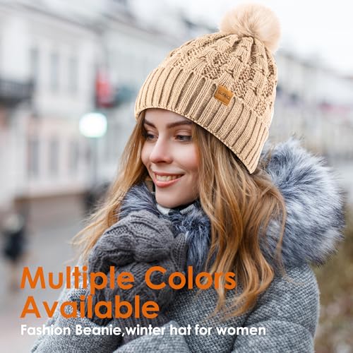 Womens Winter Knitted Beanie Hat,Warm Fleece Lined Soft Chunky Trendy Ski Cap with Cute Pom Pom - color: Khaki