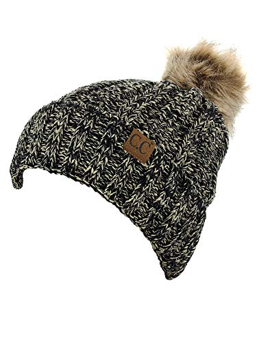 C.C Thick Cable Knit Faux Fuzzy Fur Pom Fleece Lined Skull Cap Cuff Beanie - color: 2 Tone Black/Dark Beige