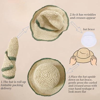 Floppy Big Beach Straw Hats for Women Foldable Summer Wide Brim Packable Sun Hat Womens Travel Straw Fedora Hat - color: Beige-green
