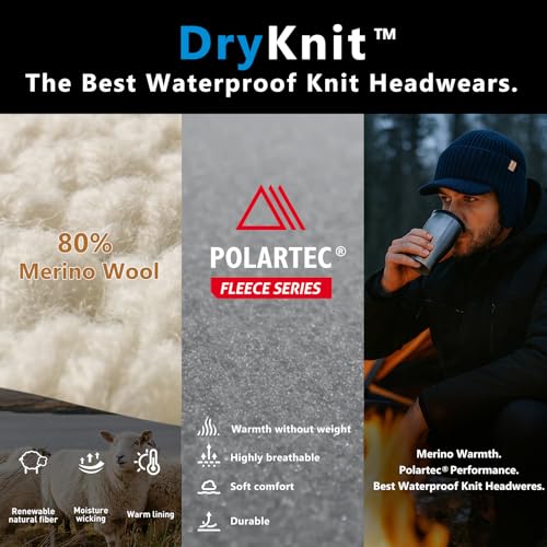 TOP-EX DryKnit™ 80% Merino Wool Waterproof Warm Brim Beanie with Ear Flaps - color: Navy, size: Medium-Large