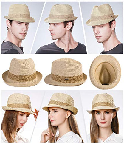 Fancet Packable Straw Fedora Panama Sun Summer Beach Hat Cuban Trilby Men Women 56-67cm - color: 16010#beige, size: Large