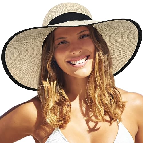 FURTALK Womens Sun Straw Hat Wide Brim Floppy Summer Beach Hats for Women - color: Beige With Black Brim, size: Large-X-Large