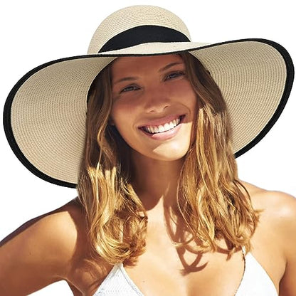 FURTALK Womens Sun Straw Hat Wide Brim Floppy Summer Beach Hats for Women - color: Beige With Black Brim, size: Large-X-Large