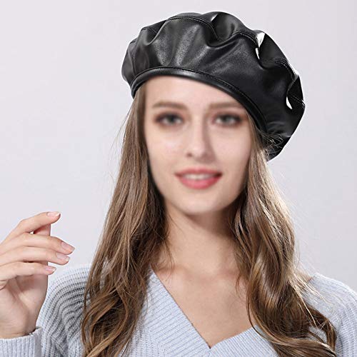 Women Soft PU Leather Beret French Style Artist Painter Hat with Top Stem - color: Black