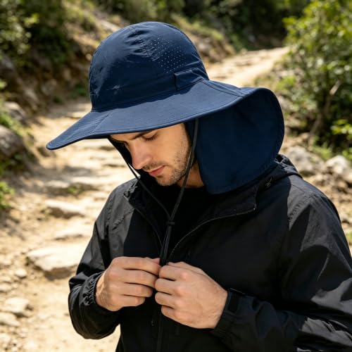 2Pack Sun Hat for Men Women with Neck Flap - color: 2pcs-navy&green