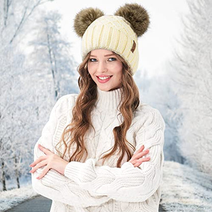 Arctic Paw Womens Winter Hat Cable Knit Beanie for Women Faux Fur Pompom Ears - color: Cream Hat Coffee Ball