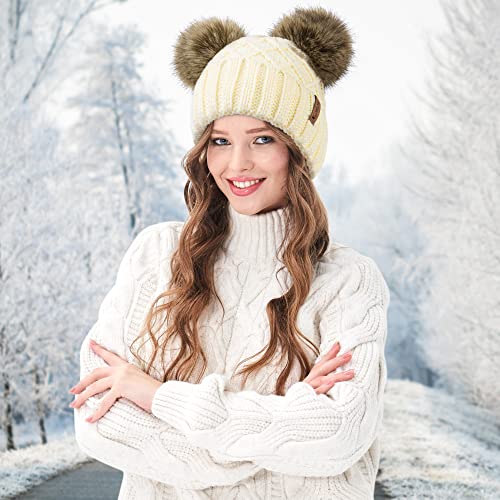 Arctic Paw Womens Winter Hat Cable Knit Beanie for Women Faux Fur Pompom Ears - color: Cream Hat Coffee Ball