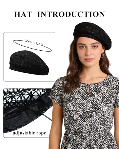 Women Lightweight Beret Floral Hollow Out Hat Breathable French Beret Beanie Hat Cap for Spring Summer - color: Black Lace 1#