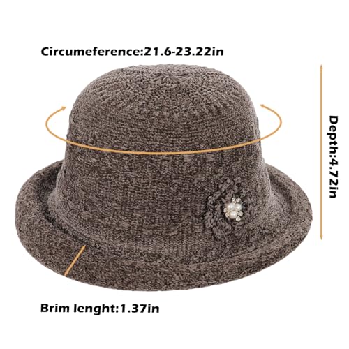 Women Winter Knit 1920s Vintage Bucket Bowler Hat Round Brim Warm Hat - color: 2light Khaki