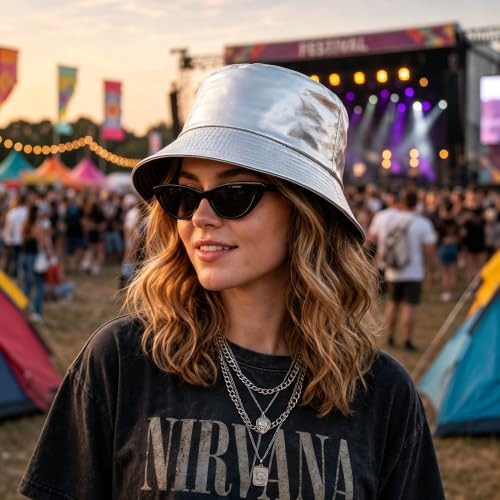 Unisex Black Bucket Hat Waterproof Rain Hat Reversible Shiny Rave Bucket Hat for Concert Festival - color: A3:silver