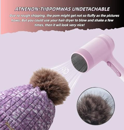 FENELY Women's Knitted Warm Beanie Winter Hat, Warm Chunky Snow Hat with Pompom - color: Purplespacedye