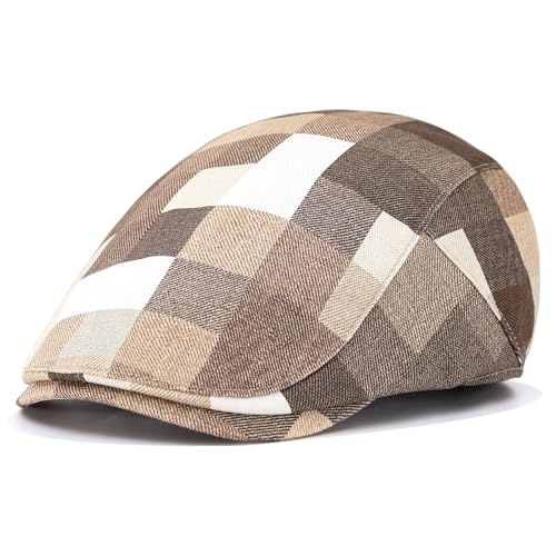 Flat Cap for Men Cotton Plaid Ivy Newsboy Hat Driving Golf Cap - color: Khaki