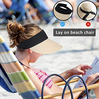 Women Straw Sun Visor Hat Wide Brim Summer UV Protection Beach Cap Foldable Packale Korean Style - color: Beige