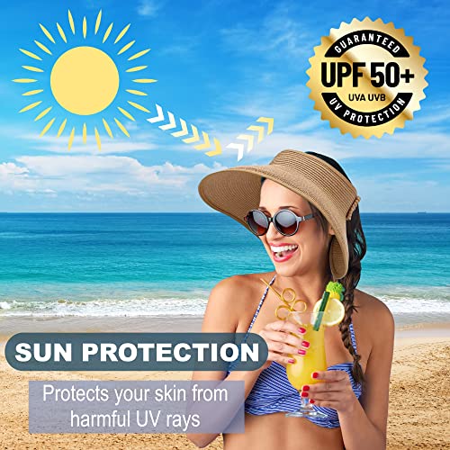 Straw Sun Visor for Women, Wide Brim UPF 50+ Protection Beach Hat, Adjustable, Roll Up Foldable Ponytail Cap with Chin Strap - color: Beige