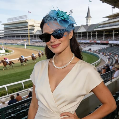 Semato Fascinators Hats for Women Mesh Feathers Elegant Blue Tea Party Kentucky Hat Derby Headband with Hair Clip - color: Blue