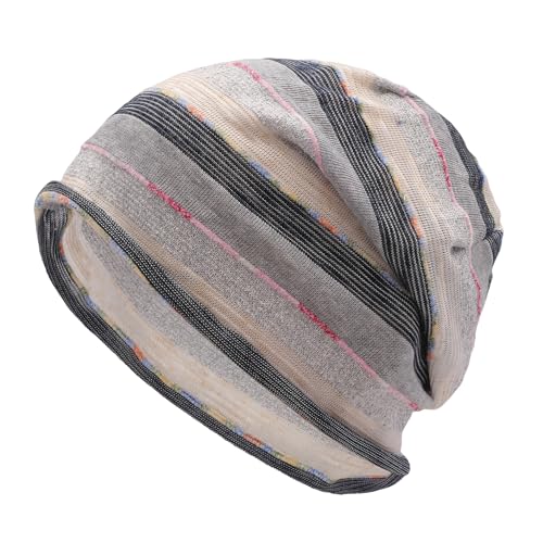ZLYC Cotton Thin Slouchy Beanie Hat for Men Women Stretch Skull Cap - color: Stripes Gray, size: One Size