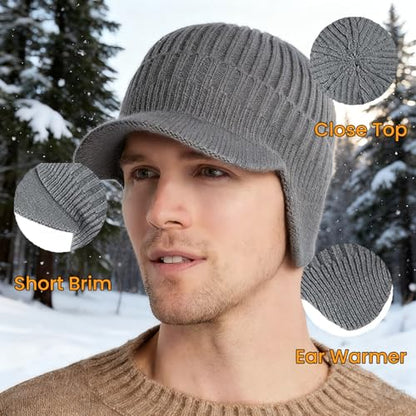 Unisex Cozy Head Beanie with Brim and Ear Flaps - color: Gray
