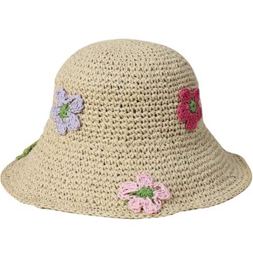 Women Straw Sun Hat Summer Beach Hats Foldable Floppy Cap Wide Brim Bucket Hat Solid Handmade Sun Protection Caps - color: Flora-beige