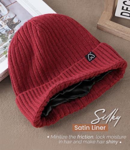 Hat Hut Wool Beanie Satin Lined Winter Hats Slouchy Beanie with Silk Lining Warm Wool Knit Ski Hat Cuffed Cap Women Men - color: Dark Red