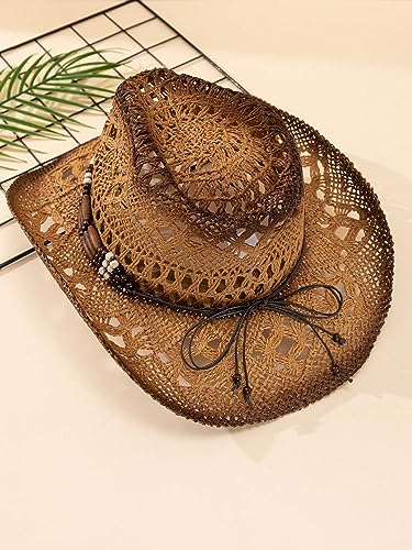 QWINEE Western Straw Cowboy Hat Cowgirl Hats Hollow Out Summer Beach Sun Hat for Women Men - color: Khaki
