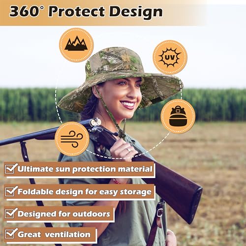 Men Safari Sun Hat Wide Brim Boonie Fishing Cap with Adjustable Drawstring - color: Deciduous Woodland Camo