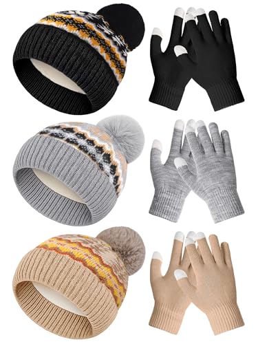 JaGely 6 Pcs Women Winter Beanie Hat Gloves Set Warm Knitted Hats and Touchscreen Gloves Lady Cold Winter Gifts for Christmas - color: Khaki, Grey and Black