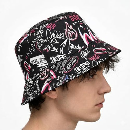 Shark Pattern Bucket Hat for Men Women, Reversible Double-Side-Wear Sun Hat, Packable Beach Fisherman Cap - color: Letter Graffiti