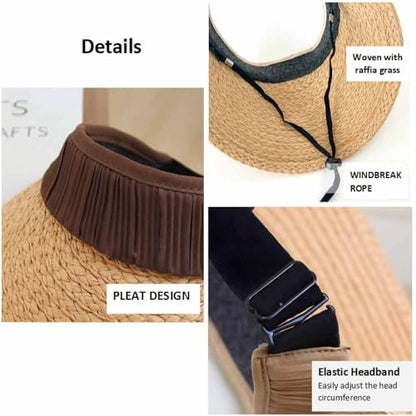 Sun Visor Hats for Women Wide Brim Straw Visors Womens Foldable Beach Visors Summer Packable Ponytail Beach Hat UPF50+ Khaki
