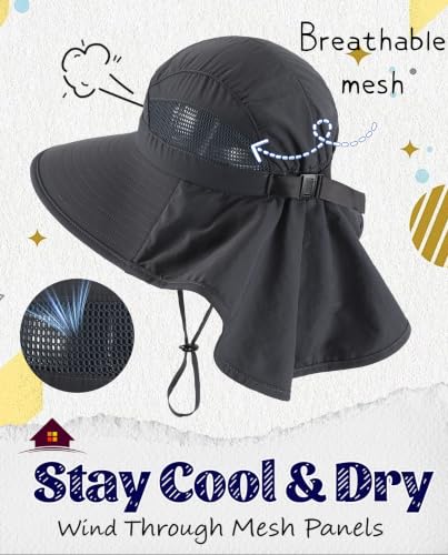 Home Prefer UPF50 Wide Brim Kids Sun Hat Neck Flap Boys Girls Sun Protection Hat for Beach Fishing - color: Dark Grey, size: 2-4T