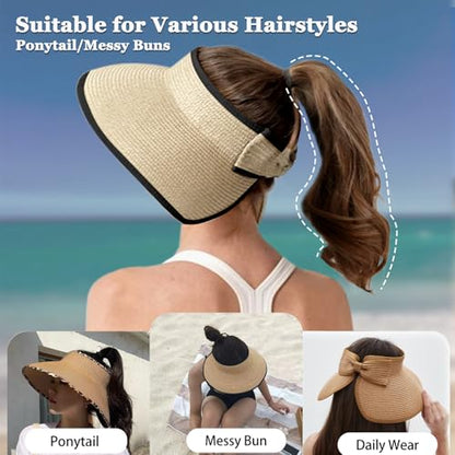 Women's Sun Visor Hats Wide Brim Straw Beach Hat Ponytail Hats for Women Foldable Floppy - color: 1pack-beige/Black