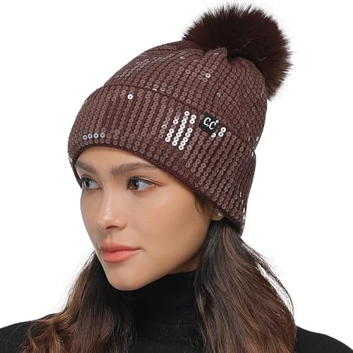 C.C Sequin Pom Beanie for Women - Acrylic Stretchable Soft Warm Knit Winter Skully Hat with Yarn Pom - color: Clear Sequin-chocolate