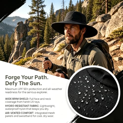 Fishing Sun Hat for Men UPF 50+ Wide Brim Boonie Hats for Summer - color: Black