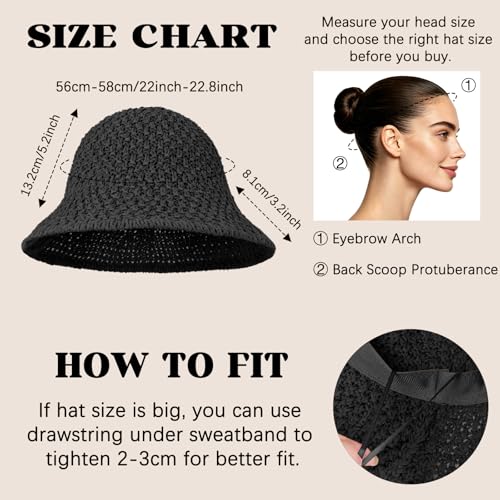 Sun Hat for Women Summer Straw Beach Hats Bucket Hat Floppy Crochet Hat - color: Black