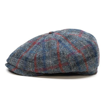 Sterkowski Shelby | 100% Harris Tweed Newsboy Cap for Men | 8 Panel Peaky Style Hat - color: Gray/Blue/Red, size: 7