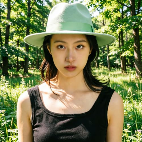 Men's Women's Wide Brim Fedora Hats with Ribbon Panama Felt Cap, British Style Vintage Flat Brimmed Jazz Hat - color: Mint Green