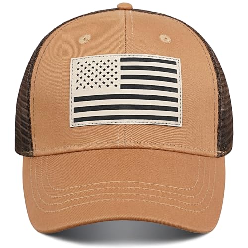 American Flag Trucker Hat - Snapback Hats for Men Women Baseball Cap - Breathable Mesh & Adjustable Fit for Casual Wear - color: Camel