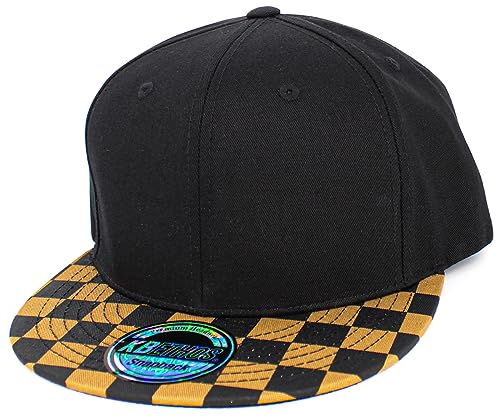 KBETHOS Classic Snapback Hat Blank Cap Underbrim Cotton Wool Blend Flat Visor Adjustable Unisex - color: Black Wheat Checkered Brim Snapback