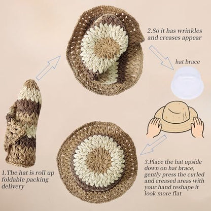 Floppy Big Beach Straw Hats for Women Foldable Summer Wide Brim Packable Sun Hat Womens Travel Straw Fedora Hat - color: Floral-5
