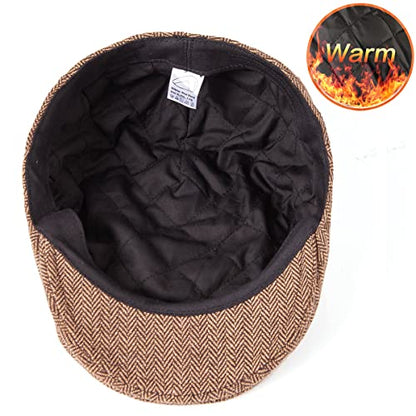Herringbone Flat Ivy Newsboy Cap for Men 1920s Wool Blend Tweed Cabbie Hat - color: Filled Quilted Lining Brown, size: 7-7 1/4