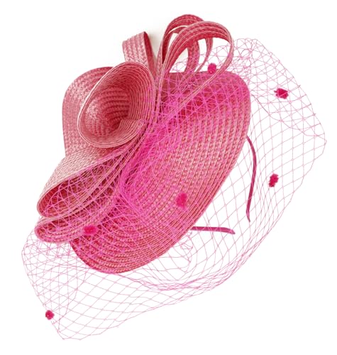 Kentucky Derby Fascinators for Women High Tea Party Hat Wedding Cocktail Flower Headware with Mesh and Feathers - color: Z-f0271-fushia