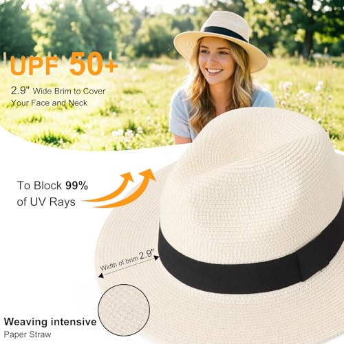 DRESHOW Women Straw Panama Hat Travel Fedora Beach Sun Hat Summer Wide Brim Straw Roll up Hats UPF 50+ - color: Fedora a Ivory