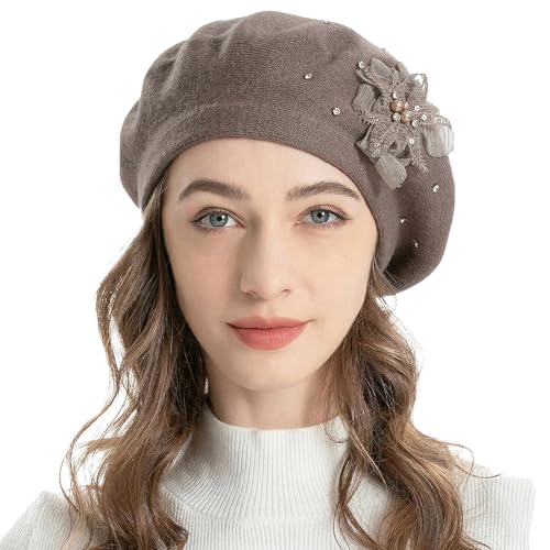 ZLYC Women French Beret Hat Reversible Solid Color Mosaic Warm Artist Cap - color: Bead Flower Brownish