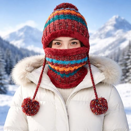 HUAMULAN Women Winter Knit Beanie Hat Circle Scarf Set Pompoms Ear Flaps - color: Red
