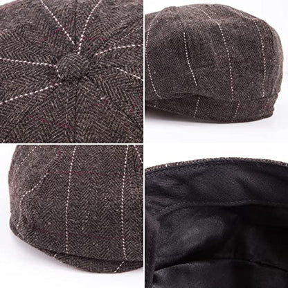 LADYBRO 8 Panel Newsboy Hats for Men Cap Irish Wool Blend Tweed, Adjustable - color: 005 Plaid Dark Brown, size: 6 7/8-7 1/4