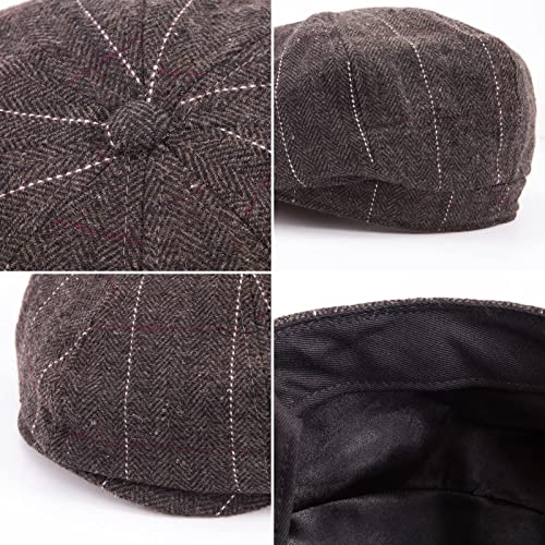 LADYBRO 8 Panel Newsboy Hats for Men Cap Irish Wool Blend Tweed, Adjustable - color: 005 Plaid Dark Brown, size: 7 3/4-8