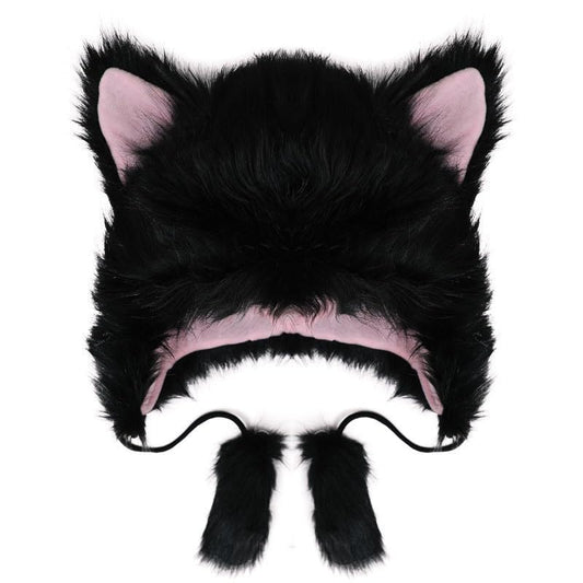 Holiberty Cute Animal Horns Ears Winter Hat Plush Fur Warm Trapper Hat Funny Viking Christmas Halloween Costume Snow Ski Hat - color: Black, With Cat Ears & Poms