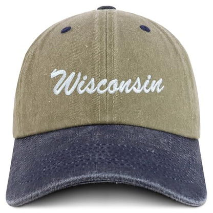 Trendy Apparel Shop Wisconsin State Embroidered Low Profile Adjustable Cotton Cap - color: Khaki Navy