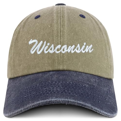 Trendy Apparel Shop Wisconsin State Embroidered Low Profile Adjustable Cotton Cap - color: Khaki Navy