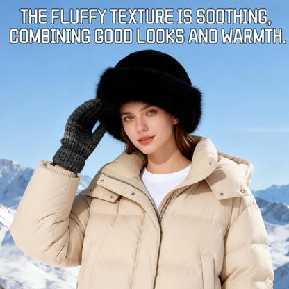 Womens Winter Faux Fur Bucket Hat,Warm Plush Fluffy Furry Mink Hats - color: Black